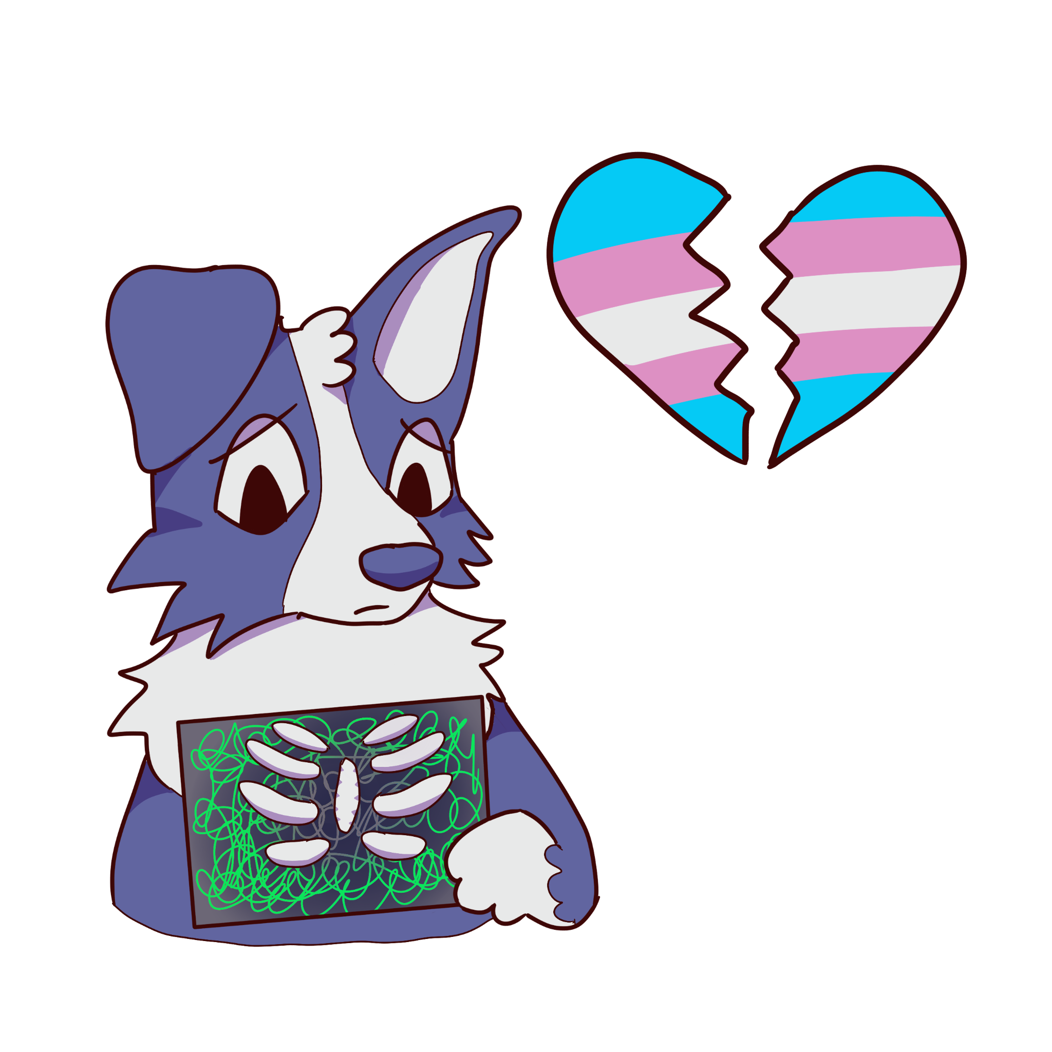 blue dog holding x-ray over chest with green scribbles in ribs. next to it is a broken pink heart with transgender pride flag in it